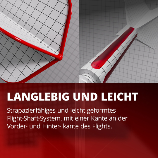 Target K-Flex Raymond Van Barneveld No2 Sistema de eje de vuelo estándar Das Bild zeigt ein langlebiges und leichtes Flight-Shaft-System mit rotem Rand und Gittermuster. Es betont die strapazierfähige und leichte Bauweise mit speziellen Kanten am vorderen und hinteren Bereich des Flights.