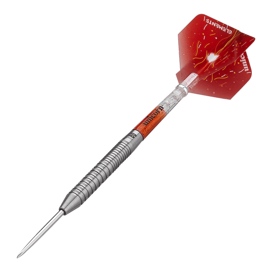 Dardos de acero Unicorn Core XL Striker Style 1 - 22 g Das Bild zeigt einen Unicorn Core XL Striker Style 1 Steeldart mit 22g Gewicht. Der Dart hat einen silbernen, geriffelten Schaft und rote Flights mit einem Feuerdesign.