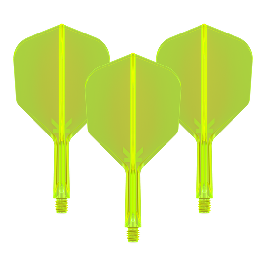 Sistema de vuelo Target K-Flex No6 - Amarillo neón Das Bild zeigt drei neongelbe Dartflights mit integrierten Schäften. Sie sind nebeneinander angeordnet und auf schwarzem Hintergrund zu sehen.