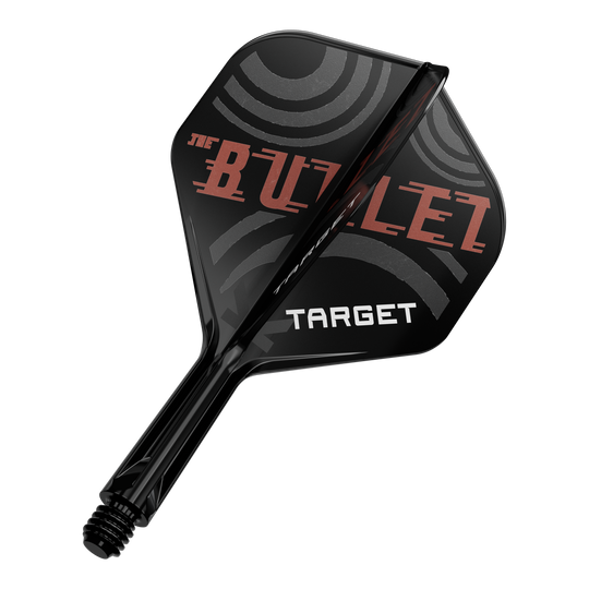 Sistema de eje de vuelo estándar Target K-Flex Stephen Bunting No. 2 Das Bild zeigt einen schwarzen Dartpfeil mit der Aufschrift „THE BULLET“ und „TARGET“ auf den Flügeln. Die Flügel haben ein modernes, kreisförmiges Design in Grau und Rot.