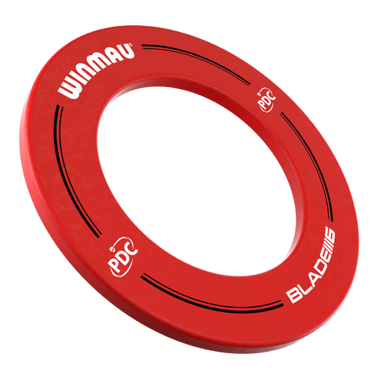 Marco para diana Winmau PDC - Rojo Das Bild zeigt einen roten Dartboard-Surround der Marke Winmau mit der Aufschrift „PDC“ und „BLADE 6“. Er wird verwendet, um die Wand rund um ein Dartboard vor Beschädigungen zu schützen.