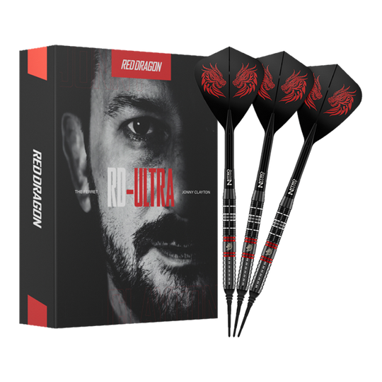 Dardos blandos Red Dragon Jonny Clayton RD-ULTRA - 18 g Zu sehen sind die Red Dragon Jonny Clayton RD-ULTRA Softdarts - 18g in voller Ansicht. Die Darts haben eine silberne Barrel, schwarze Details und leuchtende Flights.