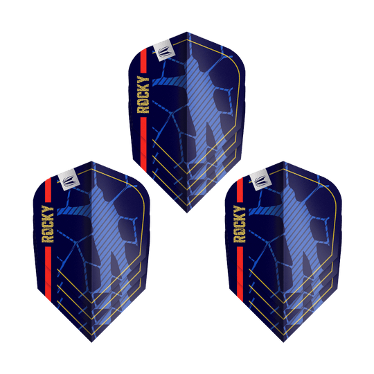 Das Bild zeigt drei Sets der "Target Pro Ultra Josh Rock GEN1 Ten-X Flights". Die Flights sind dunkelblau mit gelben und roten Akzenten und dem Schriftzug "ROCKY".