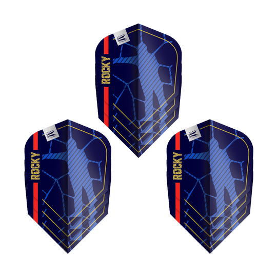 Vuelos Target Pro Ultra Josh Rock GEN1 Ten-X - 3 juegos Das Bild zeigt drei Sets der "Target Pro Ultra Josh Rock GEN1 Ten-X Flights". Die Flights sind dunkelblau mit gelben und roten Akzenten und dem Schriftzug "ROCKY".