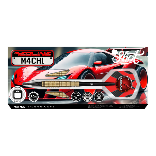 Dardos blandos Shot Redline Mach 1 - 20 g Das Bild zeigt die Verpackung der "Shot Redline Mach 1 Softdarts - 20g". Auf der Packung ist ein roter Sportwagen zusammen mit einem abgebildeten Softdart-Pfeil zu sehen.