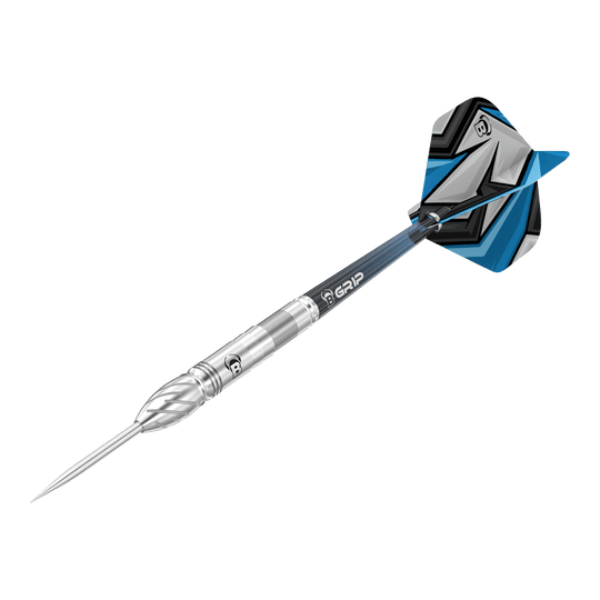 Dardos de acero Bulls Stone S1 Das Bild zeigt einen Bulls Stone S1 Steeldart. Der Dartpfeil hat eine silberne Spitze und einen Schaft mit blauen und schwarzen Akzenten am Flight.