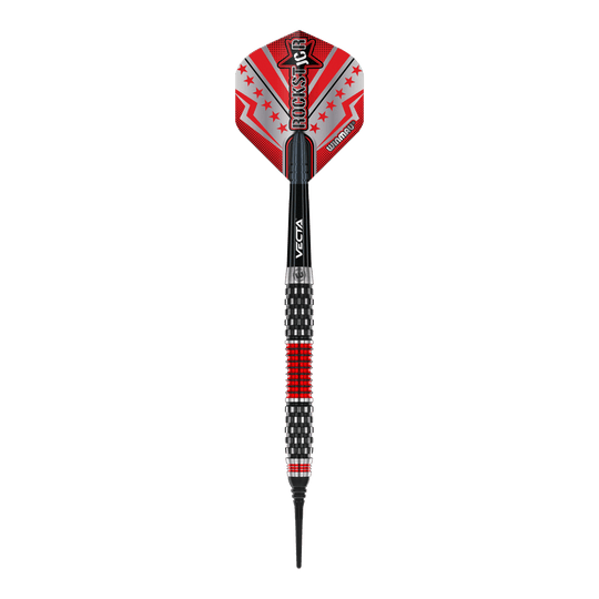 Dardos blandos Winmau Joe Cullen Rockstar Series RS1 - 20 g Dieses Bild zeigt einen Winmau Joe Cullen Rockstar Series RS1 Softdart mit einem Gewicht von 20g. Der Dart ist schwarz und rot gestaltet und hat einen auffälligen Flights mit dem Aufdruck "Rockstar".