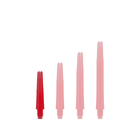 Ejes en L bloqueados rectos estilo L - Rojo Das Bild zeigt vier rote, gerade Dartschäfte in unterschiedlicher Länge. Sie stehen aufrecht nebeneinander und haben ein Schraubgewinde am unteren Ende.