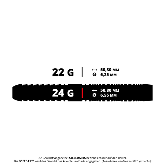 Dardos de acero paralelos Red Dragon Recon Das Bild zeigt Steeldarts mit dem Namen 'Recon Parallel' von Red Dragon. Die Darts wiegen 24 Gramm.