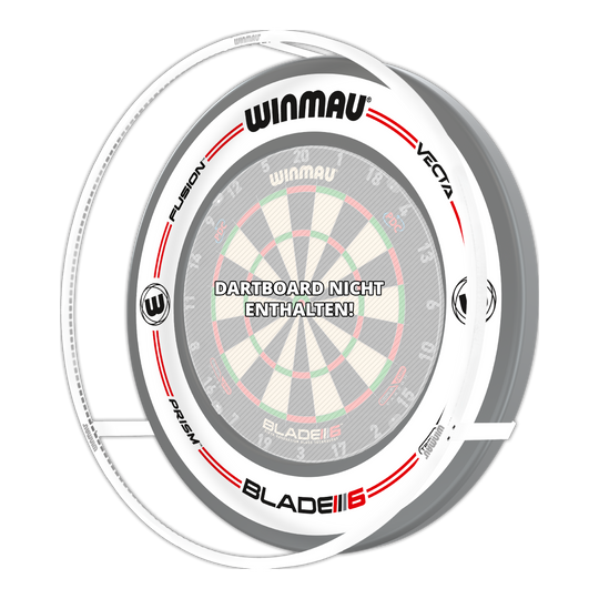Das Bild zeigt das Winmau Plasma Ice LED Beleuchtung und Surround Bundle für Dartboards. In der Mitte steht: "Dartboard nicht enthalten!"