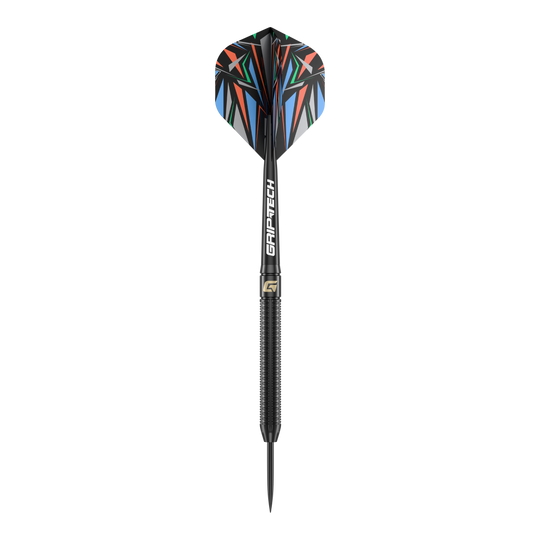 Dardos de acero GOAT Athlete de latón negro - 13 g Das Bild zeigt einen GOAT Athlete Black Brass Steeldart mit einem Gewicht von 13g. Der Dart hat eine schwarze, gerändelte Spitze und bunte Flights mit geometrischem Muster.