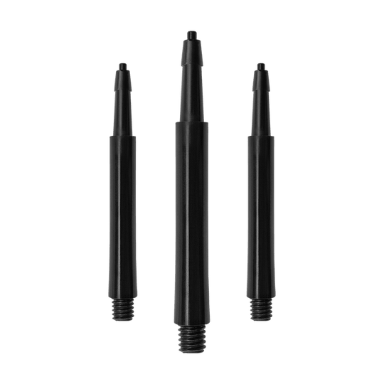 HRC12626_Harrows_Clic_Standard_Shafts_Schwarz_30mm_1 Das Bild zeigt drei schwarze Harrows Clic Standard Shafts. Diese Schäfte sind für den Einsatz bei Darts bestimmt.