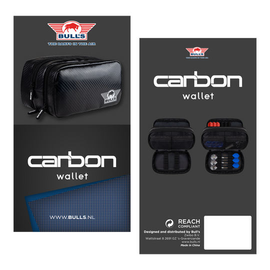 Auf dem Foto ist das Bulls NL Carbon Wallet zu sehen. Es handelt sich um ein hochwertiges Dart-Accessoire zur Aufbewahrung.