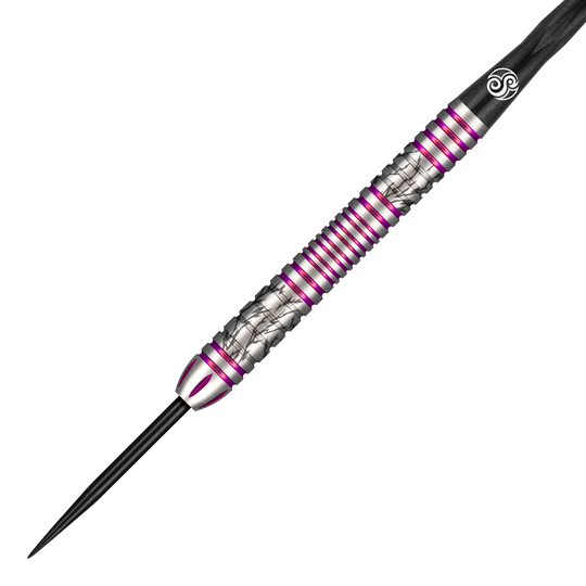 Shot Pro Series Barbora Hospodarska 2 Dardos de acero - 23g Das Bild zeigt einen Steeldart aus der Shot Pro Series Barora Hospodarska mit einem Gewicht von 23g. Der Dart ist silberfarben mit lila Akzenten und besitzt ein auffälliges, strukturiertes Design.