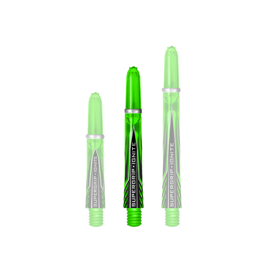 HR390_Harrows_Supergrip_Ignite_Shafts_Gr-n_40mm_1 Harrows Supergrip Ignite Shafts in einer klaren Anordnung. Die Schäfte heben sich im Bild gut ab.