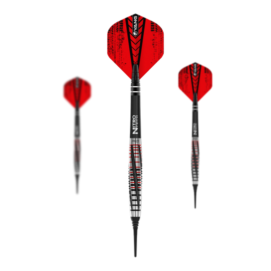 Dardos blandos Red Dragon Rifle - 20 g Das Bild zeigt drei Softdarts des Modells „Red Dragon Rifle Softdarts - 20g“. Die Darts haben schwarze und rote Flights mit silber-schwarzem Schaft und Spitze.