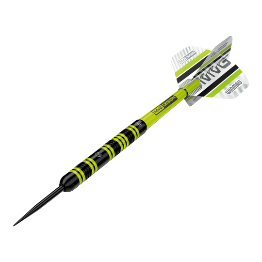 Dardos de acero Winmau Michael Van Gerwen 85 Pro-Series Das Bild zeigt einen Winmau Michael Van Gerwen 85 Pro-Series Steeldart. Der Dart hat ein auffälliges Design mit schwarzen und leuchtend grünen Akzenten sowie einem MVG-Logo auf den Flights.