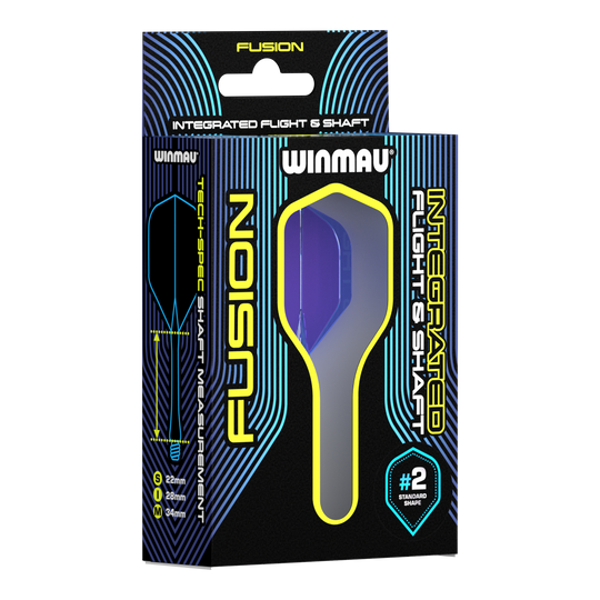 Sistema de eje de vuelo Winmau Fusion azul estándar Auf dem Bild ist eine Verpackung des Winmau Fusion Integrated Flight & Shaft Systems zu sehen. Die abgebildete Variante ist blau und hat eine Länge von 22 mm (#2 Standardform).