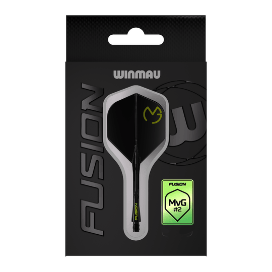 Sistema de eje de vuelo Winmau Fusion Michael Van Gerwen Pacman No6 Das Bild zeigt die Verpackung des Winmau Fusion Flight-Shaft-Systems Michael Van Gerwen Pacman Nr. 2 Standard. Das Produkt ist schwarz mit gelben Akzenten gestaltet und trägt das MVG-Logo.