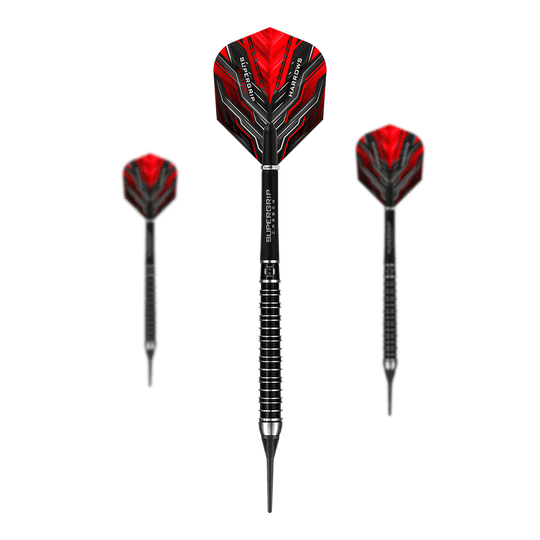 Dardos ultra suaves Harrows Supergrip Das Bild zeigt drei Harrows Supergrip Ultra Softdarts mit roten Flights und schwarzem Schaft. Die Darts haben ein modernes, sportliches Design mit silbernen Ringen am Griff.