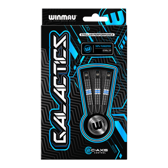 Dardos de acero Winmau Galactics Das Bild zeigt die Verpackung der Winmau Galactics Steeldarts. In der Mitte sind drei Darts mit schwarzen und blauen Akzenten zu sehen.