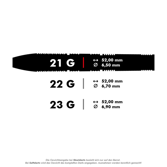 Das Bild zeigt drei unterschiedliche Dart-Gewichte: 21 g, 22 g und 23 g. Zu jedem Gewicht sind die jeweilige Länge (52,00 mm) und der jeweilige Durchmesser (6,50 mm, 6,70 mm, 6,90 mm) angegeben.