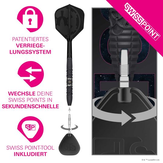 Dardos de acero Target Star Wars Darth Vader 95 Swiss Point Dieses Bild zeigt die Target Star Wars Darth Vader 95 Swiss Point Steeldarts. Die Darts sind im Star Wars Design mit Darth Vader-Motiv gestaltet.