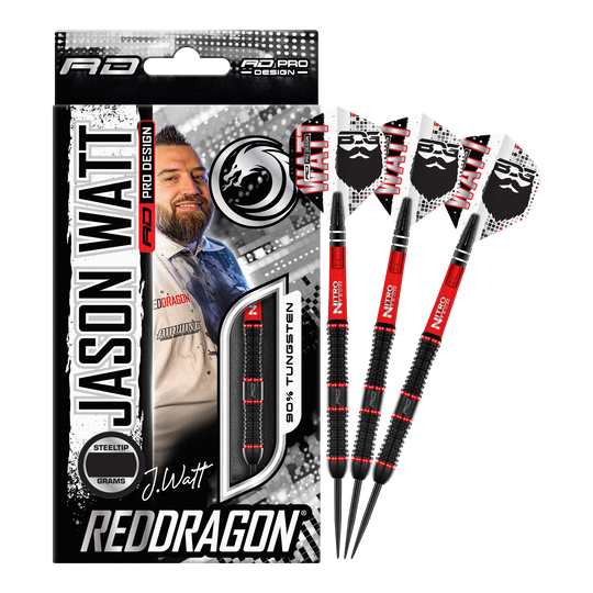 Dardos de acero Red Dragon Jason Watt - 22 g Das Bild zeigt das Produkt "Red Dragon Jason Watt Steeldarts - 22g" in seiner Verpackung. Rechts daneben sind drei Steeldarts mit schwarzem und rotem Design zu sehen.