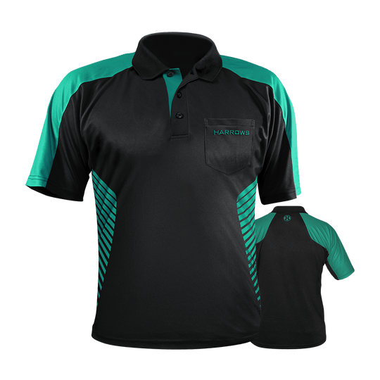 HRS-17577_Harrows_Vivid_Dartshirt_Black_Jade_0 Das Bild zeigt ein Harrows Vivid Dartshirt in Schwarz mit jadegrünen Akzenten. Auf der Vorderseite befindet sich eine Brusttasche mit dem aufgestickten „HARROWS“-Logo.