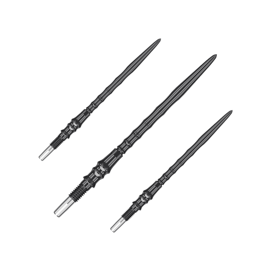 Puntas de dardos de acero Target Japan Premium Swiss Point - Negras Das Bild zeigt ein Set von schwarzen Steeldartspitzen, SwissPoint, 40 mm von Target Japan Premium. Mehrere Spitzen sind nebeneinander angeordnet.