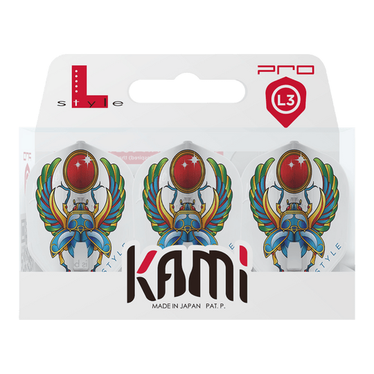 Das Bild zeigt eine Packung L-Style Anastasia Dobromyslova V3 White L3KAMI Flights. Die Flights sind weiß und mit einem bunten Skarabäus-Motiv bedruckt.