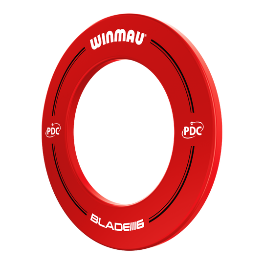 Marco para diana Winmau PDC - Rojo Das Bild zeigt einen roten Winmau PDC Dartboard Surround. Auf dem Ring stehen die Wörter "Winmau", "PDC" und "Blade 6".