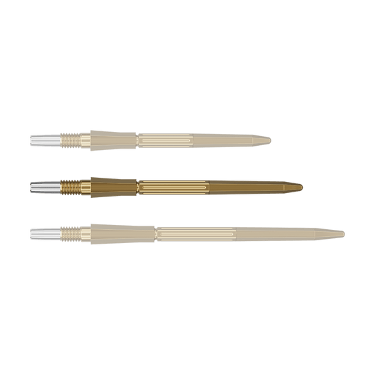 Abgebildet ist eine einzelne goldene Dartspitze. Die Dartspitze gehört zur Serie Target Elysian Archetype 43 SwissPoint, 35 mm.