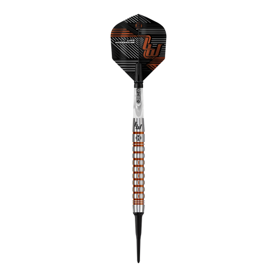 Dardos suaves Harrow's Luke Woodhouse Serie 2 - 18 g Das Bild zeigt den Harrows Luke Woodhouse Series 2 Softdart mit einem Gewicht von 18g. Der Dartpfeil hat ein modernes, silber-orangenes Design mit schwarzen Akzenten.