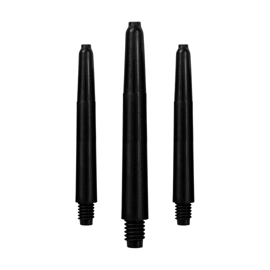 567_Nylon_Shafts_Schwarz_40mm_1 Das Bild zeigt drei schwarze Nylon-Schäfte für Dartpfeile. Sie sind in einer vertikalen Reihe angeordnet und haben ein Schraubgewinde am unteren Ende.