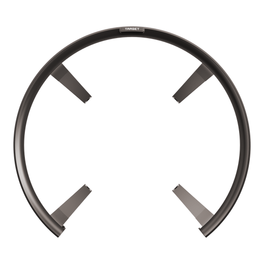 Das Bild zeigt das Produkt "Target OMNI Auto-Scoring-System", welches wie ein großer, schwarzer Ring mit vier Befestigungsarmen aussieht. Es ist ein elektronisches System zur automatischen Punkteerfassung bei Dartspielen.