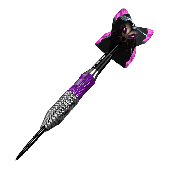 Dardos Mission Phantom de latón y acero - 22 g Dies ist ein Mission Phantom Brass Steeldart mit einem Gewicht von 22 Gramm. Der Dart hat ein metallisches Griffstück mit lila Akzenten und einen auffälligen Flight mit einem schwarzen und lila Design.