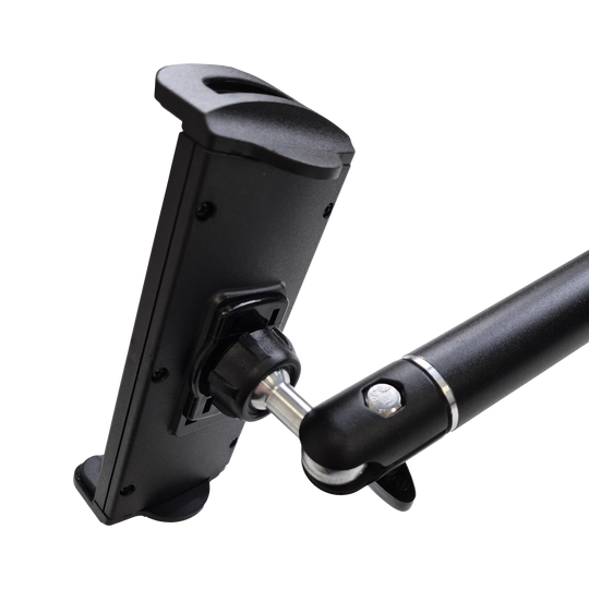 Soporte de pared para tableta McDart TABFlex con brazo flexible Das Bild zeigt die McDart TABFlex Tablet Wandhalterung mit flexiblem Arm. Die Halterung ist schwarz und lässt sich einstellen, um ein Tablet sicher zu befestigen.