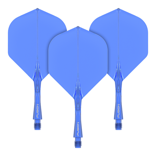 Das Bild zeigt drei blaue Dart-Flights mit Schäften des Winmau Fusion Flight Shaft Systems. Sie sind in einer Reihe angeordnet und jeder Schaft ist 22 mm lang.