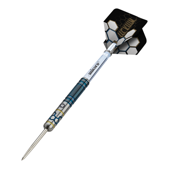 Dardos de acero Unicorn Hexium Style 02 azules y dorados Das Foto zeigt die Unicorn Hexium Style 02 Blue & Gold Steeldarts. Es handelt sich um hochwertige Steeldarts in Blau und Gold.