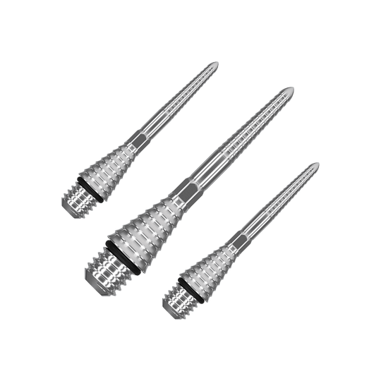 380180_Target_Titanium_Swiss_Point_Grooved_Conversion_Points_Silber_26mm_1 Das Bild zeigt drei silberne Swiss Point Grooved Conversion Points von Target. Sie sind metallisch und haben eine gerillte Oberfläche für besseren Halt.