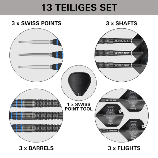 Diana Jeffrey De Graaf GEN1 Dardos de acero con punta suiza - 23 g Das Bild zeigt das 13-teilige Set "Target Jeffrey De Graaf GEN1 Swiss Point Steeldarts - 23g". Im Set sind 3 Spitzen, 3 Shafts, 3 Barrels, 3 Flights und 1 Swiss Point Tool enthalten.
