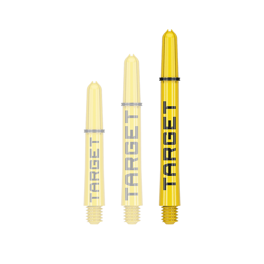 Varillas Target Pro Grip TAG - 3 juegos - Amarillas Das Bild zeigt drei gelbe Dartschäfte in verschiedenen Längen. Auf jedem Schaft steht das Wort "TARGET" in schwarzer Schrift.