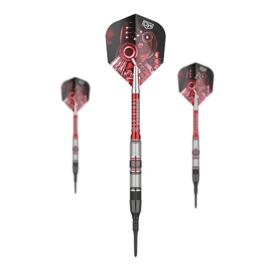 Dardos blandos DW Piranha Razor 02 Das Bild zeigt drei Softdarts des Produkts „DW Piranha Razor 02“. Die Darts haben ein schwarzes und rotes Design mit metallischen Elementen.