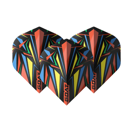 Vuelos estándar GOAT Athlete Red No2 Das Bild zeigt drei bunte Dart-Flights mit einem auffälligen, geometrischen Muster in Rot, Gelb, Blau, Grün und Schwarz. Auf jedem Flight steht das Wort "GOAT" in roten Buchstaben.