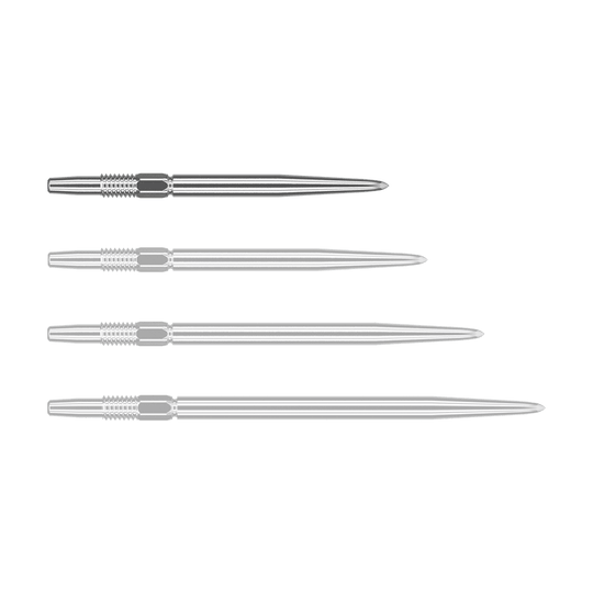 Puntas de dardos Target Swiss Point Silver Das Bild zeigt vier silberne Dartspitzen, die nebeneinander liegen. Jede Spitze hat ein geriffeltes Ende und ist schlank und spitz zulaufend.