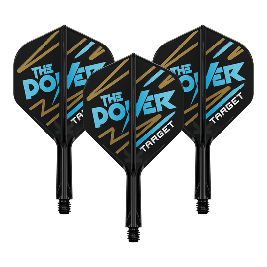 Sistema de varilla de vuelo estándar Target K-Flex Phil Taylor No.2 Auf dem Bild sind drei Dartflights mit schwarzem Hintergrund zu sehen. Auf den Flights steht in blauer und weißer Schrift "THE POWER" und unten "TARGET".