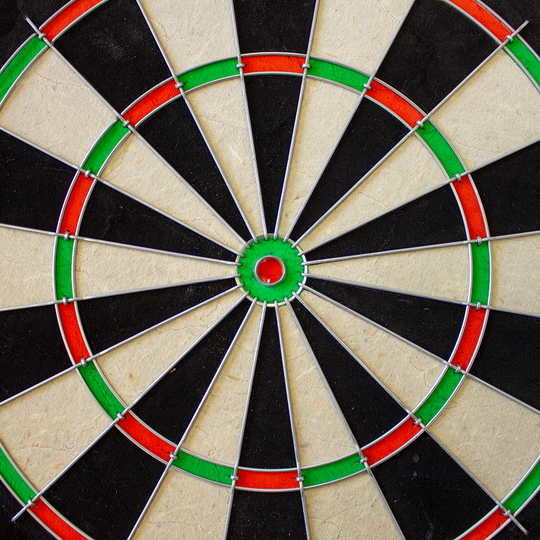 1602_Winmau_Pro_SFB_Dartboard_3 Das Bild zeigt ein Winmau Pro SFB Dartboard aus nächster Nähe. Die Zielscheibe ist in schwarze, weiße, grüne und rote Abschnitte unterteilt.