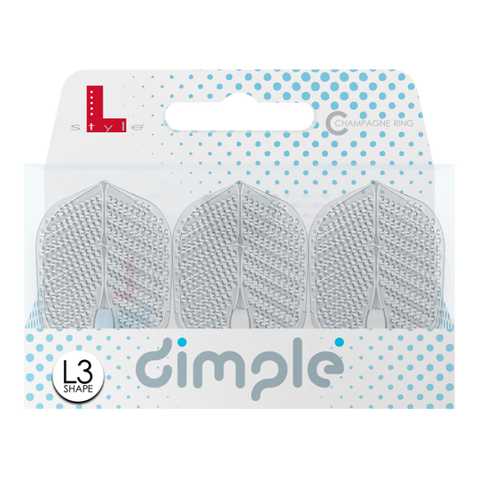 Plumas estilo L Dimple Champagne Forma L3PRO Das Bild zeigt eine Verpackung mit drei L-Style Flights Dimple im L3PRO Shape. Die Verpackung ist weiß mit blauen Punkten und trägt den Schriftzug "dimple".
