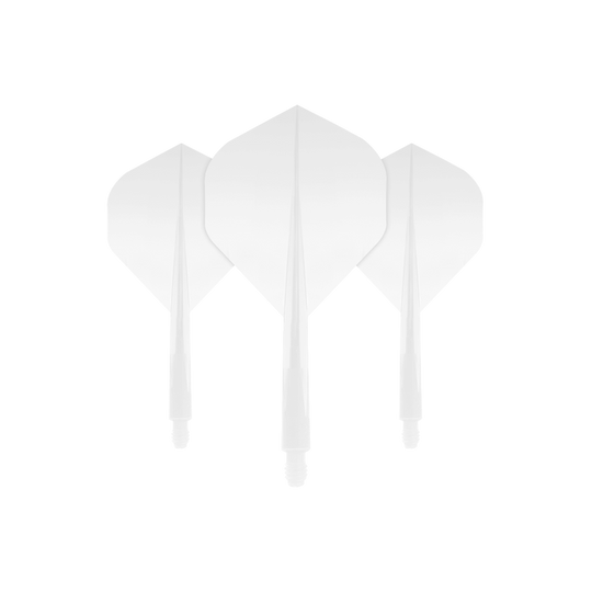 CO-0013_Condor_Axe_Clear_Standard_Flights_Short_1 Das Bild zeigt drei weiße Dartflights mit angesetzten Schäften aus der Condor Axe Clear Flight-System Standard Serie. Sie sind in einer klaren, schlichten Optik gestaltet und nebeneinander angeordnet.